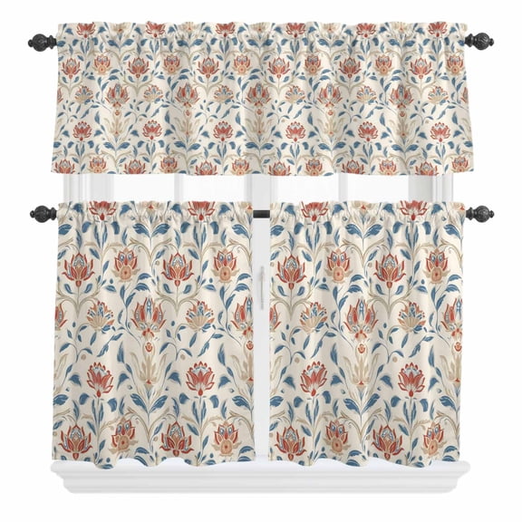 3 Piece Kitchen Curtains and Valances Set Boho Floral Cafe Curtains 24 Inch Length Modern Watercolor Red Blue Flower Plant Valance & Tier Curtain for Living Room Bedroom Window 54"x18" 27"x24"*2