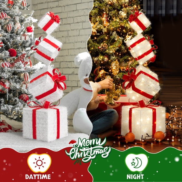 Lighted Christmas Gift Box Tower - 80 Warm White LEDs, Weather-Resistant Metal Frame, Indoor/Outdoor Holiday Decor for Tree, Porch, Yard