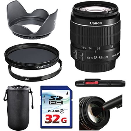 Canon EF-S 18-55mm f/3.5-5.6 IS II Lens Bundle + UV Filter + Polarizer Filter + 2 In 1 Lens Cleaning Pen + High Speed 32GB Memory Card + Tulip Hood + Deluxe Lens Case