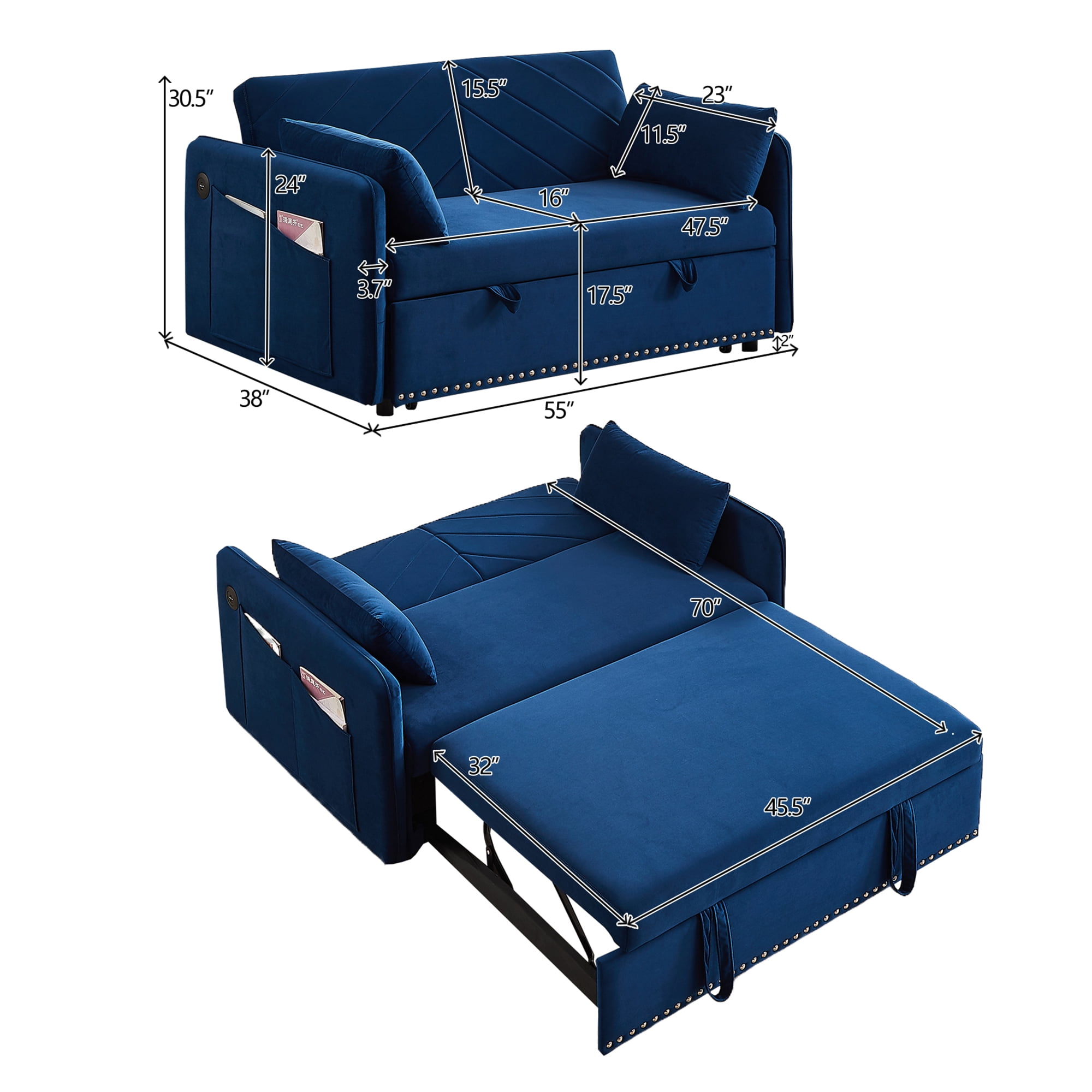 55" Convertible Sleeper Sofa Bed,3 in 1 Convertible Sleeper Loveseat with USB Ports,Modern Velvet Pull Out Sofa Bed with 2 Pillows and Rivet Design for Living Room Furniture,Blue