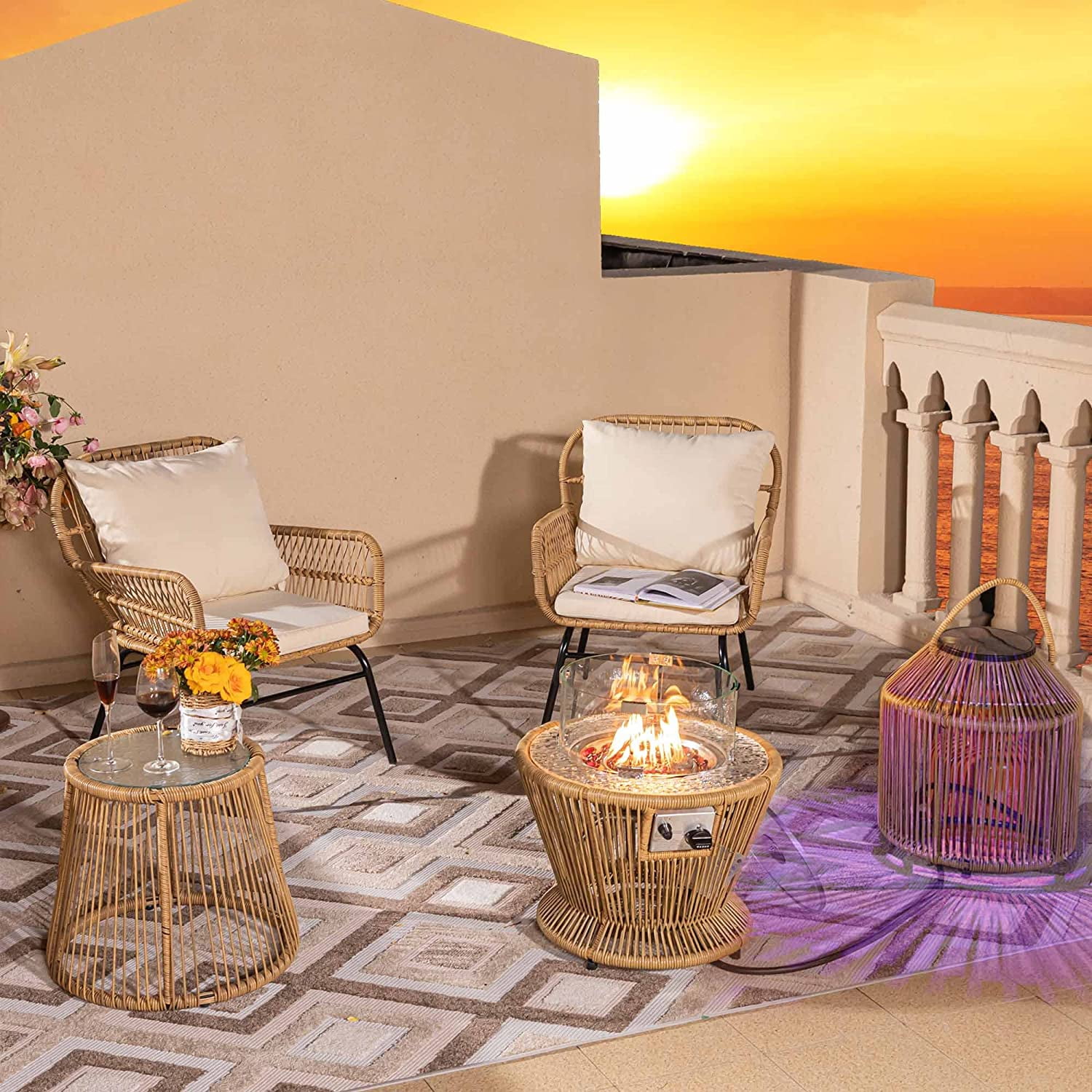 NICESOUL 5 Pieces Boho Outdoor Furniture Set with Fire Pit Table Wicker