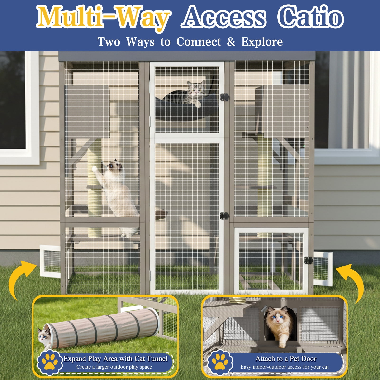 Window-Accessible Walk-in Catio, 4-Tier Outdoor Cat Enclosure with Platforms & Hammock, Large Weatherproof Cat House for Patio