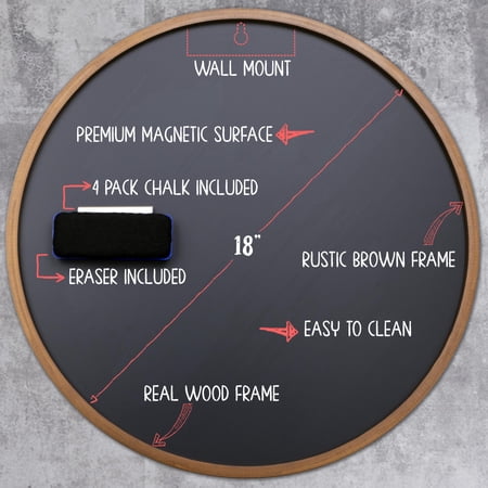 Better Office Products Round Magnetic Chalkboard with Wooden Frame for Office and Home, 18x18 inches with Mounting Hardware, 4-Piece Chalk Set, and Eraser Included (Rustic Brown)