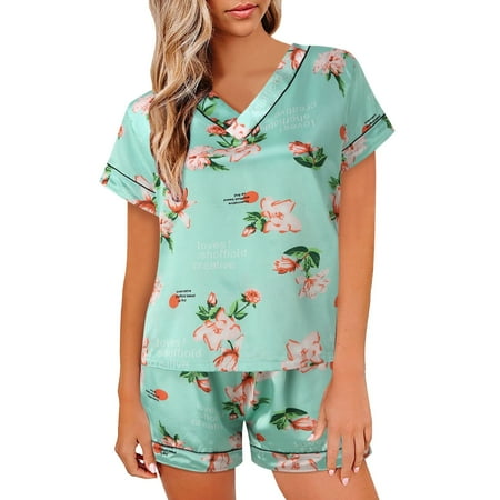 

iOPQO Pajamas For Women Women Pajamas Set Satin Sleepwear Lingerie V Neck Shirt Shorts Nightwear HomewearWomens Pajama Sets Lounge Sets For Women 2 Piece C 3XL