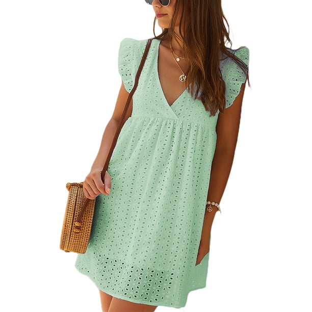 VISgogo Vestido casual para mujer, manga voladora, cuello en V, ahuecado, color sólido, suelto, vestidos acampanados VISgogo moda
