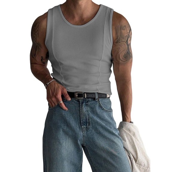 Men'S Ribbed Knit Form-Fitting Workout Wide Shoulder Tank Top Light Gray XXXL