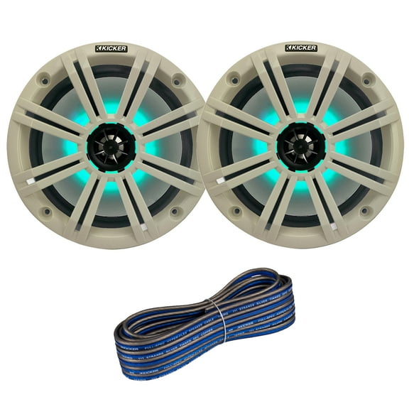 1 Pair (QTY 2) of Kicker 8" 2-Way 300 Watts Max Power Coaxial Marine Audio MultiColor LED Speakers with White Grilles, 50-Feet 16-Gauge Speaker Wire