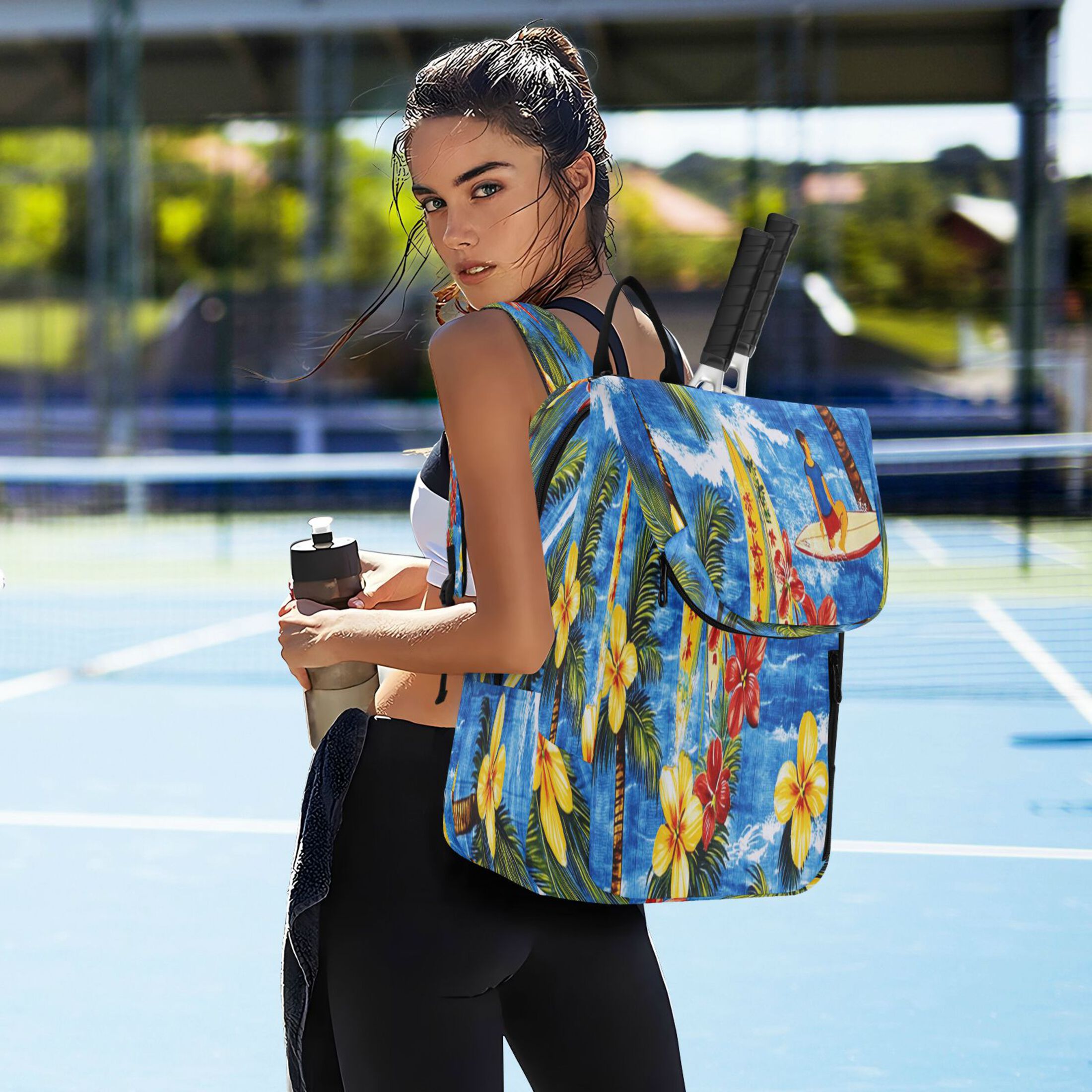 2 Racquet Holder Tennis Backpack Tennis Racket Covers Gym Bags Bright Blue Hawaiian