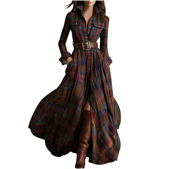 Giftesty Women's Vintage Plaid Asymmetrical Tie Waist Long Sleeve Lapel Button Pocket Maxi Dress With Belt For Daily Casual Wear