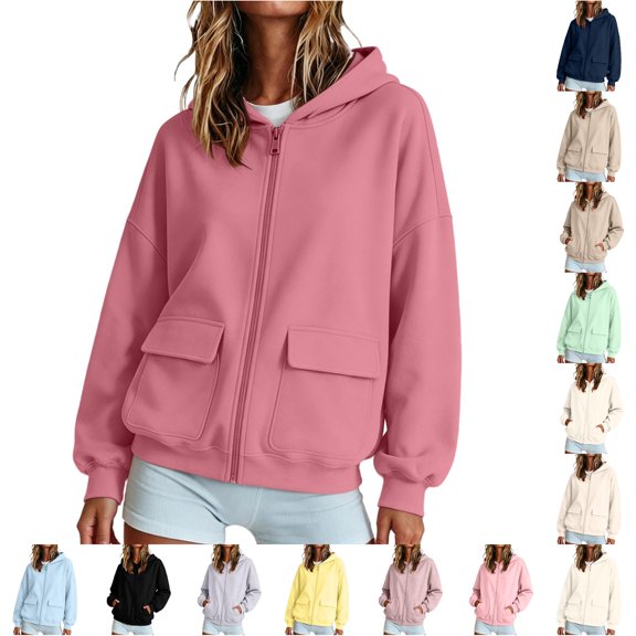 LIIPEE Zip Up Hoodies For Women Long Sleeve Solid Color Hooded Sweatshirts Ladies Fall Winter Comfortable Sweatshirt With Pockets,M