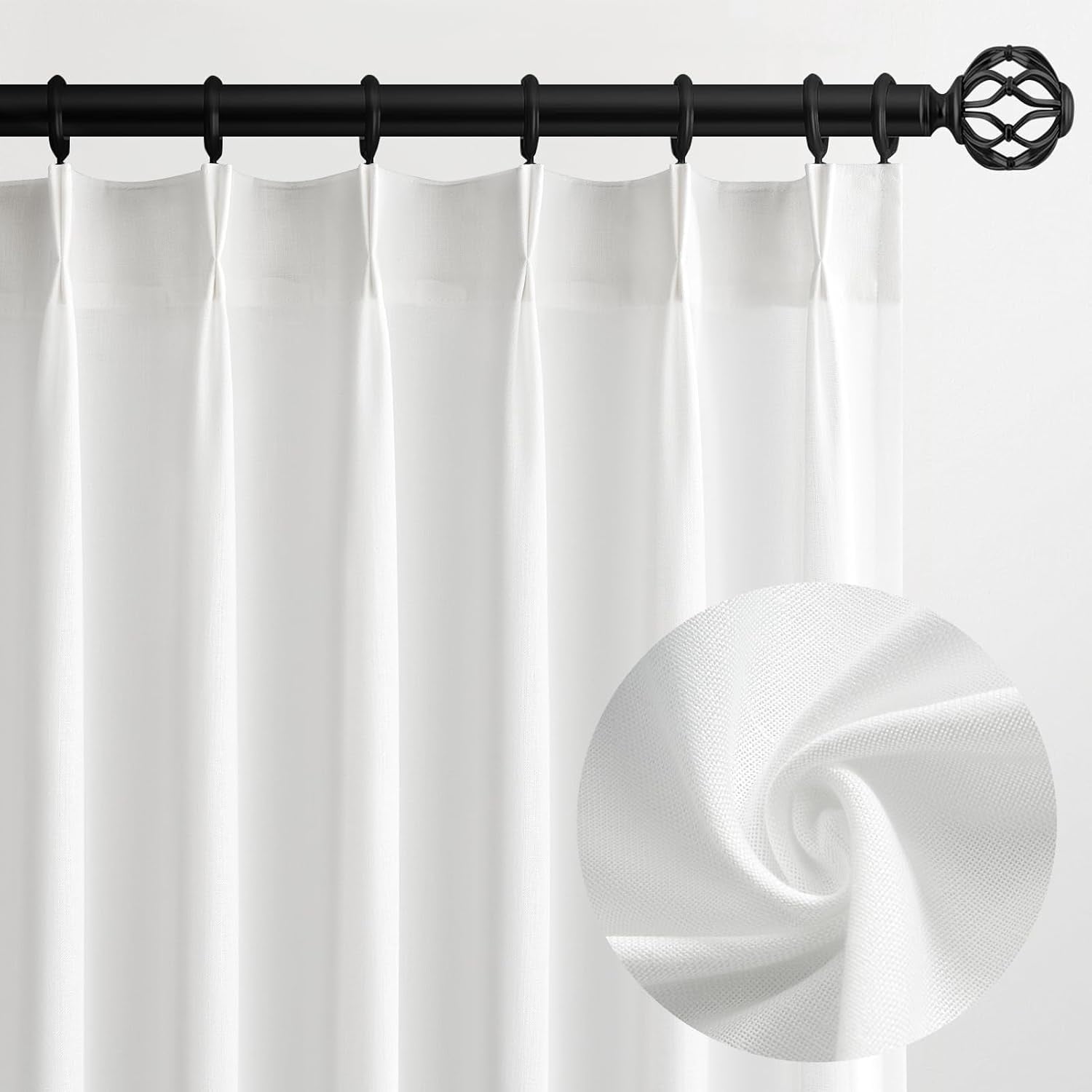 Neutral White Linen Curtains 96 Inches Long for Living Room,Pinch Pleated with Heading Tape Hooks Light Filtering Semi Sheer Lightweight Curtains for Bedroom 96 Length 8ft Two Panels Set