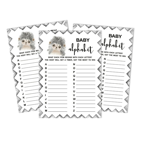 Inkdotpot Baby Shower Game Set Of 50 BabyAlphabetABCGame Hedgehog Jungle Animals Party Supplies