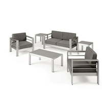 GDF Studio Crested Bay Outdoor Aluminum 4 Seater Chat Set and Side Table Set with Cushions, Silver and Khaki