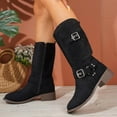 thumbnail image 2 of QQAMB Women's Mid-Calf Boots Retro Western Cowboy Style With A Round Toe Mid Block Heel Zipper A Buckle And A Hollow Out Design, 2 of 8
