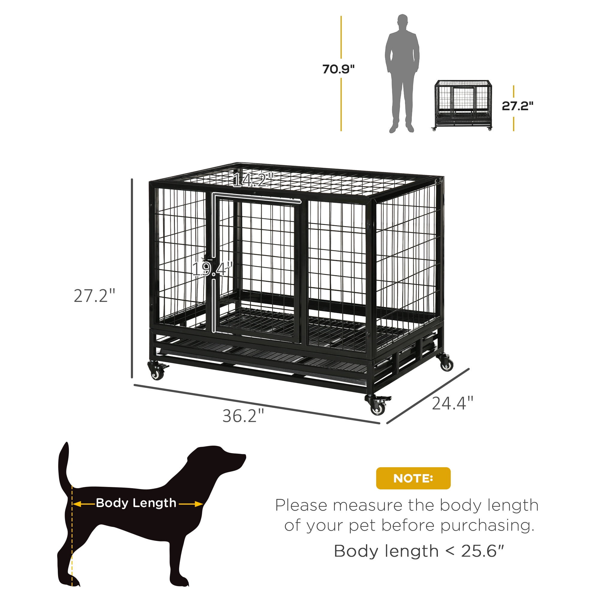 PawHut 36" Heavy Duty Dog Crate, Indestructible Dog Cage Kennel with Removable Tray, Lockable Wheels and 2 Doors, Black