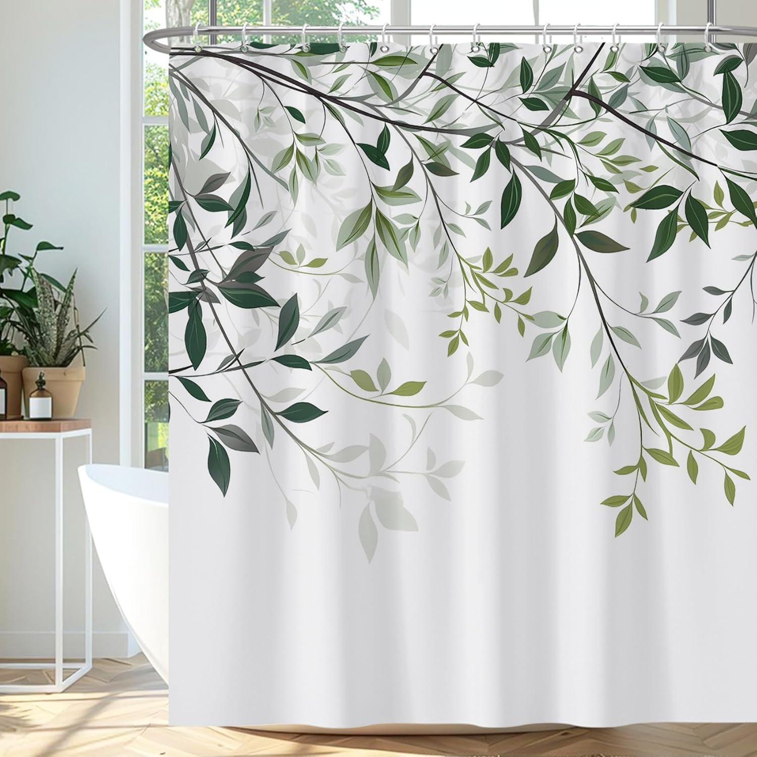 72x84 Inches Green Leaves Shower Curtain Watercolor Abstract Leaf Branch Nature Plant Bath Curtain Botanical Fabric Shower Curtain for Bathroom Decor Set Polyester Waterproof with Hooks