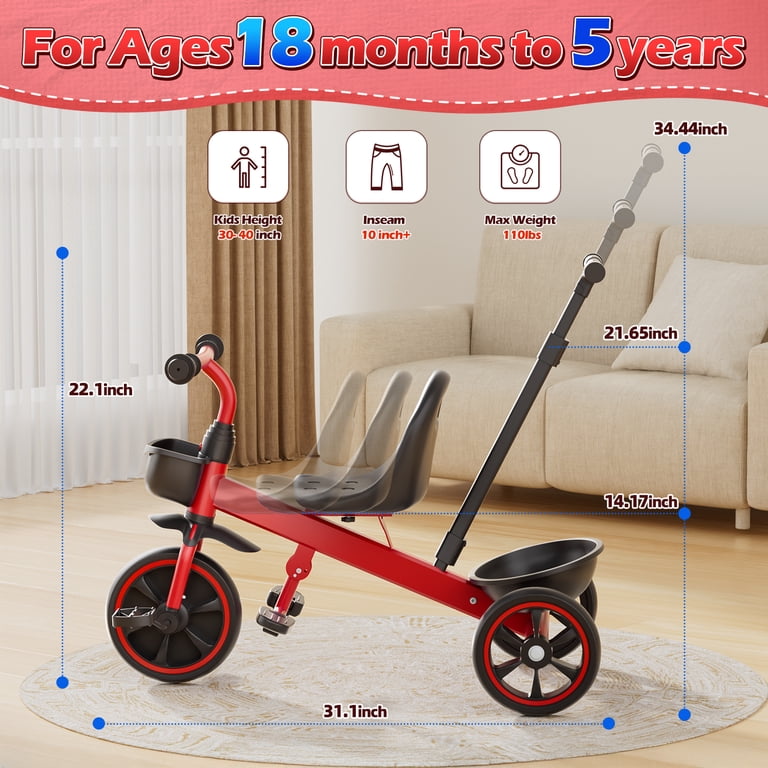 Tricycle SEREED Réglable Pour Enfants De 2 à 5 Ans – Assise 3 Positions, Guidon 2 Positions – Cadre Léger En Métal, Rose