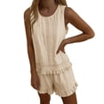 thumbnail image 6 of Karymi 2 Piece Sets for Women 2 Piece Solid Linen Blend Outfit Set, Crew Neck Sleeveless Eyelet Lace Ruffle Hem Tank Top+Elastic Drawstring Ruffle Shorts Womens Summer Tops, 6 of 9