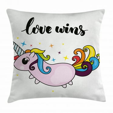 Pride Decorations Throw Pillow Cushion Cover, LGBT Slogan with Stylized Writing Cute Unicorn Character Rainbow Tail, Decorative Square Accent Pillow Case, 20 X 20 Inches, Multicolor, by Ambesonne