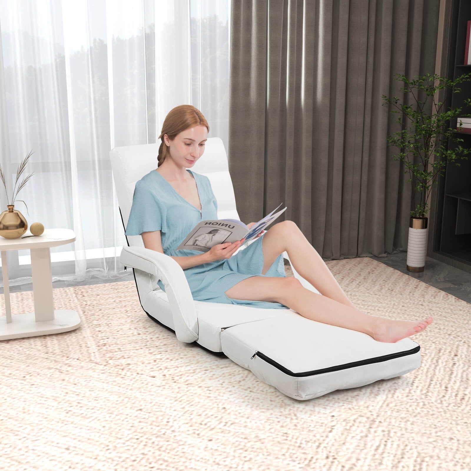 Costway Folding Floor Single Sofa Recliner Chair W/ a Pillow 5 Adjustable Backrest Position Leisure Lounge Couch White