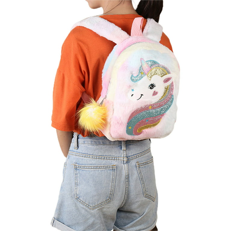 Kids Girls School Book Bag Plush Cartoon Unicorn Backpack Sequins Shoulder  Bag b