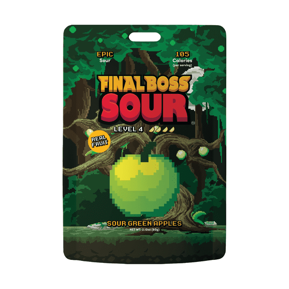 Final Boss Sour Level 4 Green Apple Dried Fruit Snack, Real Dried Apple Slices with Extreme Sour Flavor