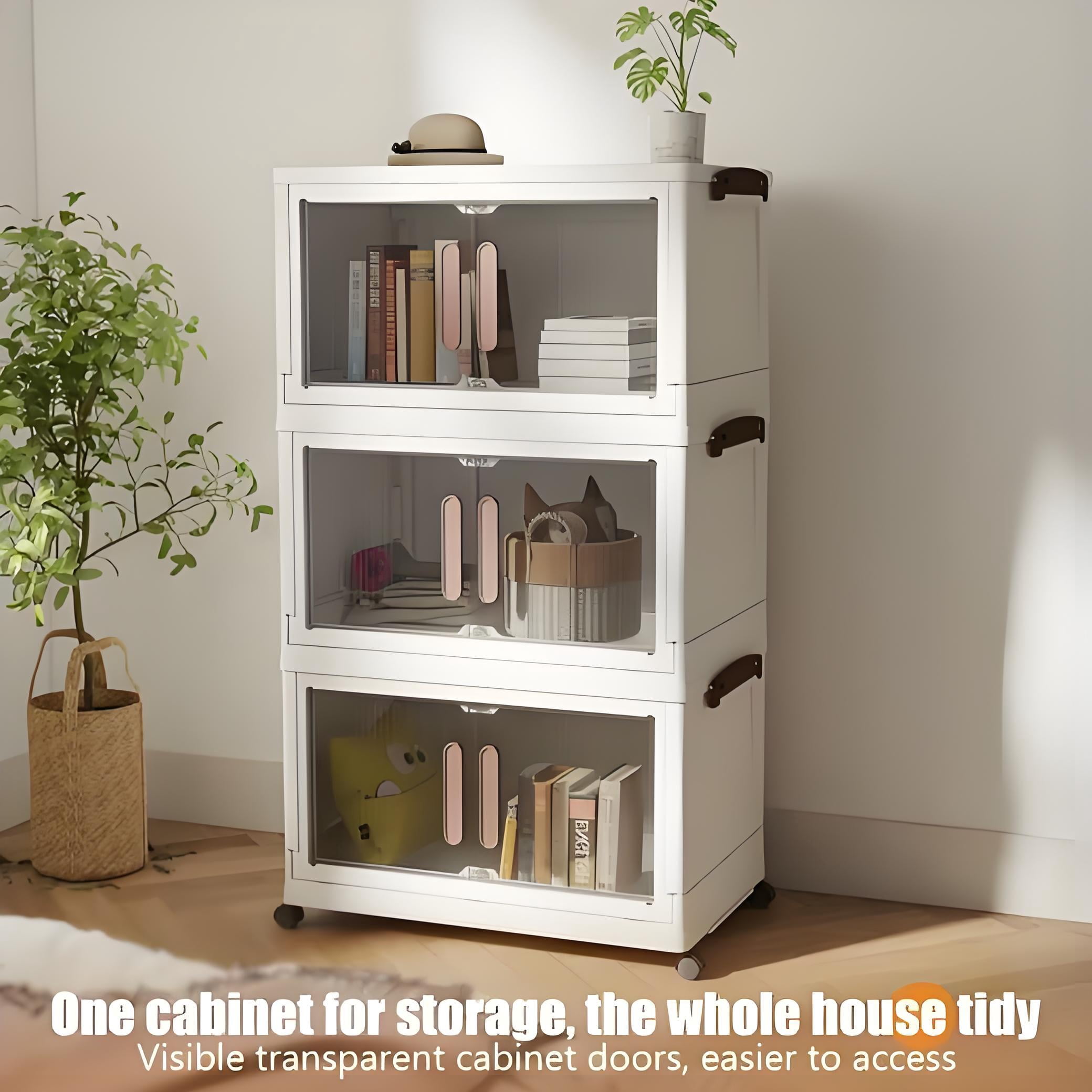 Howcool 4 Tier Stackable Storage Bins with Lids and Wheels, Foldable Storage Boxes with Rolling Casters, Closet, Living Room, Home Office