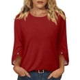 thumbnail image 2 of Qwertyu Womens Top 3/4 Sleeve T-shirts for Women Casual Crew Neck Three Quarter Length Sleeve Solid Fashion Loose Pullover Wine M, 2 of 7