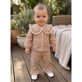 thumbnail image 3 of RUINIXCW Toddler Baby Girl Fall Spring Clothes Infant Baby Girls Plaid Gingham 2 Piece Outfit Ruffled Doll Collar Long Sleeve Button Down Shirt Tops with Long Pants 2Pcs Clothing Set, 3 of 9