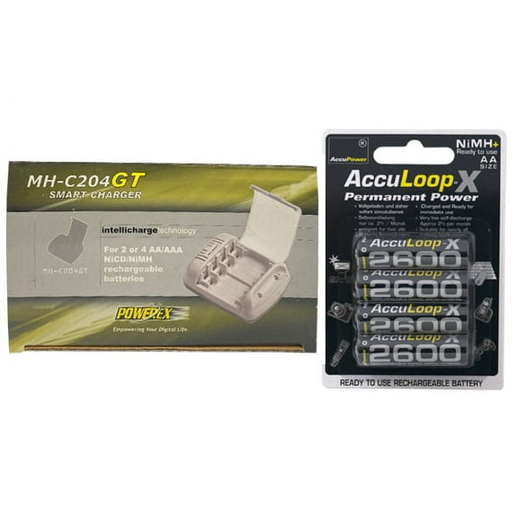Powerex MH-C204GT AA / AAA Smart Battery Charger & 4 AA NiMH AccuPower AccuLoop-X Rechargeable Batteries (2600 mAh)