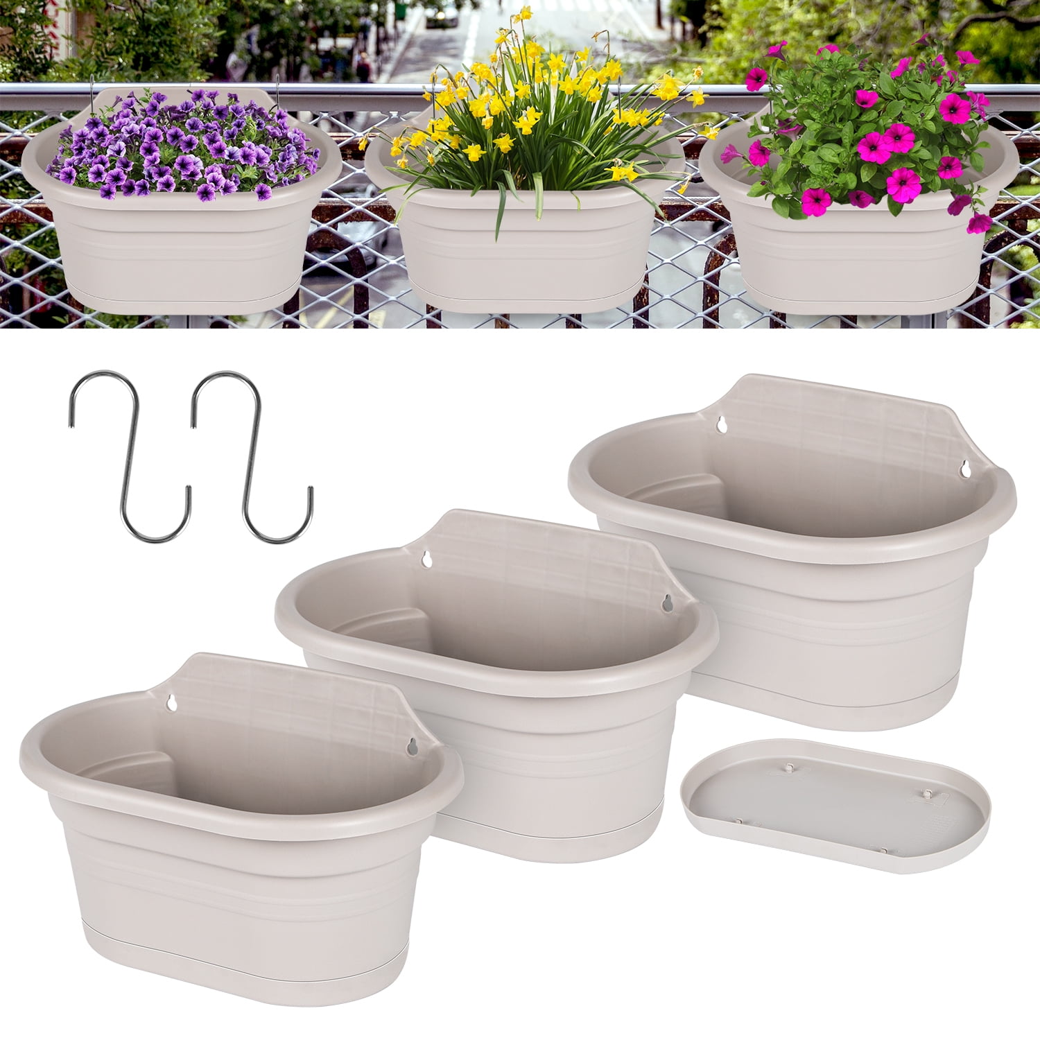 11 inch Durable Plastic Hanging Flower Pots for Deck Railings, Balcony