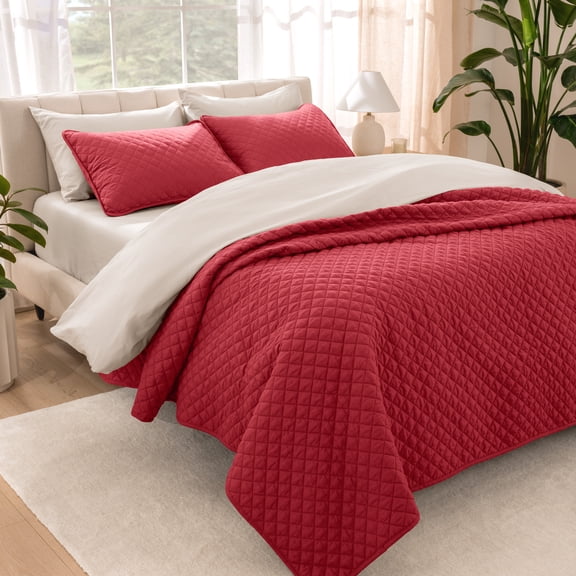 Bare Home Quilt Set - 3 Piece - Diamond Stitched Bedspread Coverlet - King, Red