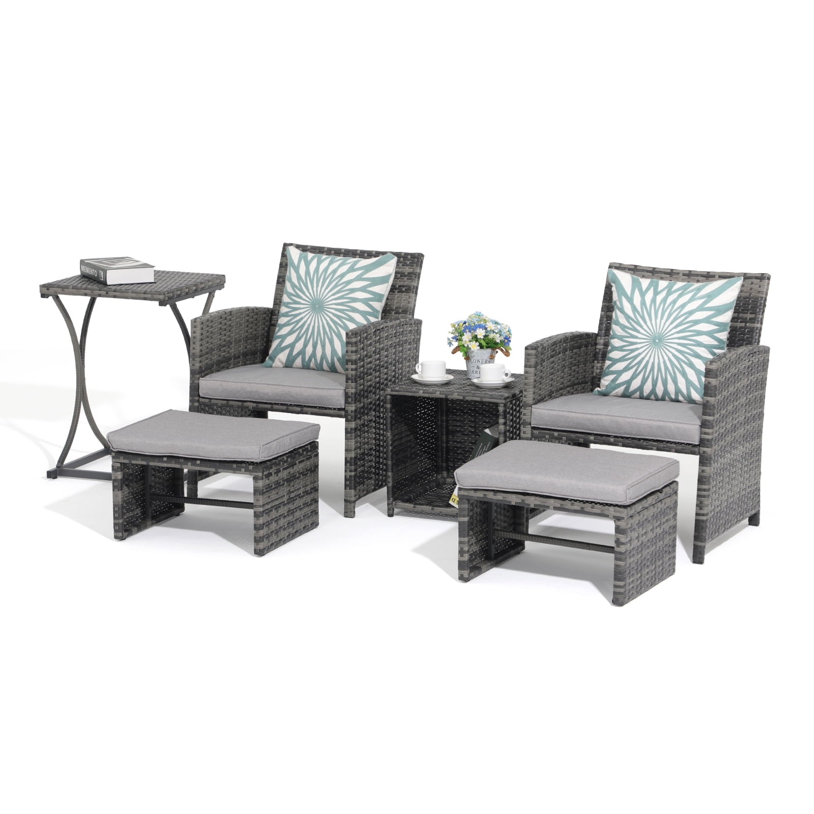 JOIVI 6 Piece Patio Furniture Conversation Set, with Ottoman, Outdoor Grey Wicker Chair and Table Set, Light Grey