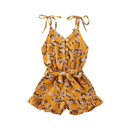 

SAYOO Baby Summer Fresh Clothing Floral Printed Tied Spaghetti Straps V-Neck Button Open Jumpsuits for Toddlers Little Girls