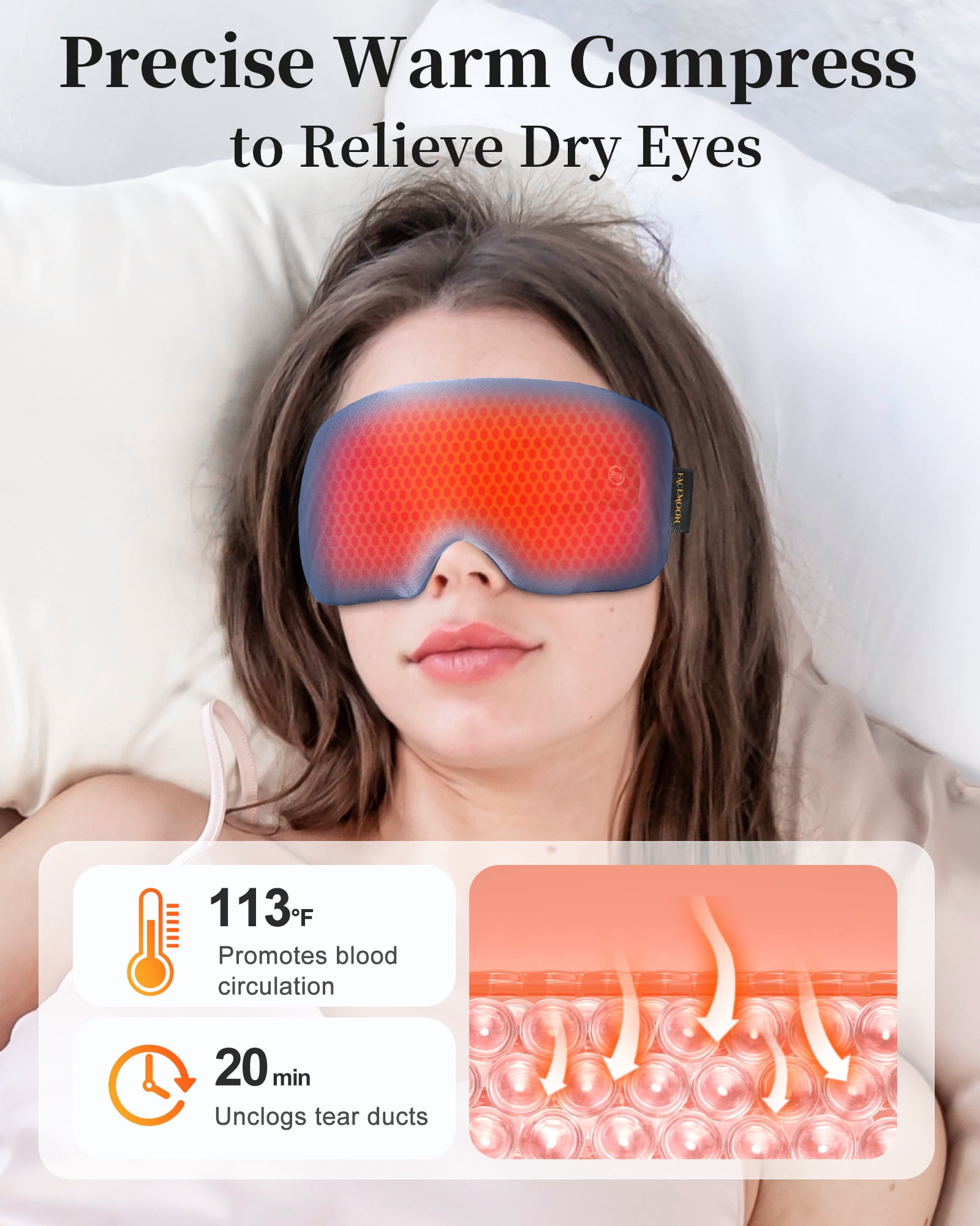 FACEMOON Silk Warm Eye Mask for Dry Eyes Comfort Cordless Moist Heat Therapy Washable Travel Blue