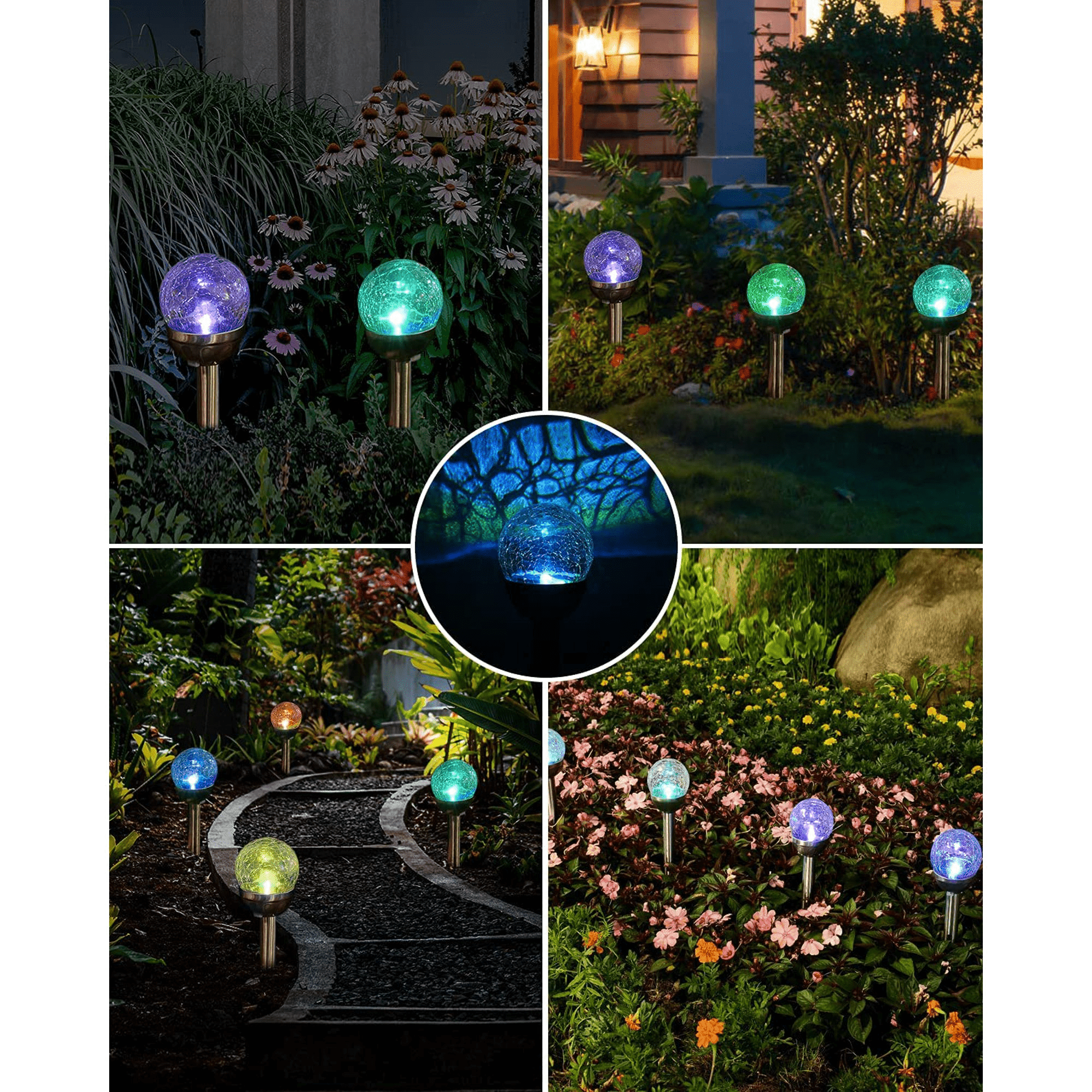 GLUAAE Solar Lights Outdoor, Cracked Glass Ball Dual LED Garden Lights, Landscape/Pathway Lights for Path, Patio, Yard-Color Changing and White-4 Pack