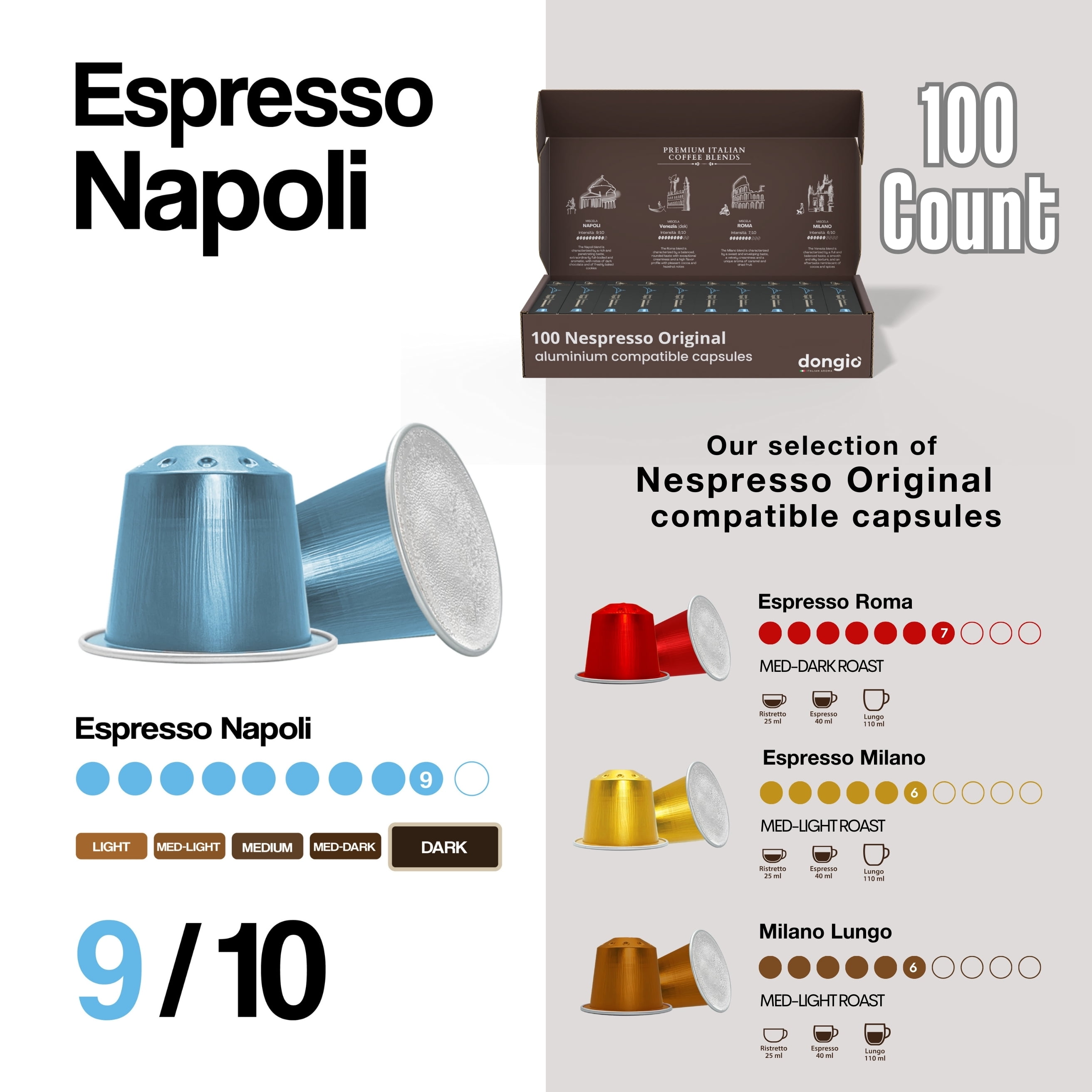 Dongio Caffe Espresso Napoli – Nespresso Original Compatible Capsules, Dark Roast Italian Espresso, 100 Count