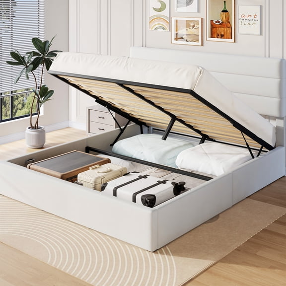 Frostbloom Modern Linen Upholstered Queen Bed with 3-Panel Wingless Headboard, Lift Up Storage Frame, No Box Spring Needed, Off-White