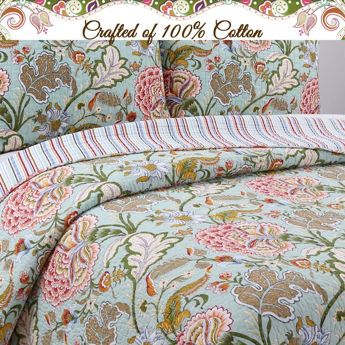 Cozy Line Aregada Floral Cotton 3-piece Reversible Quilt Bedding Set King French Country, Cottage Green