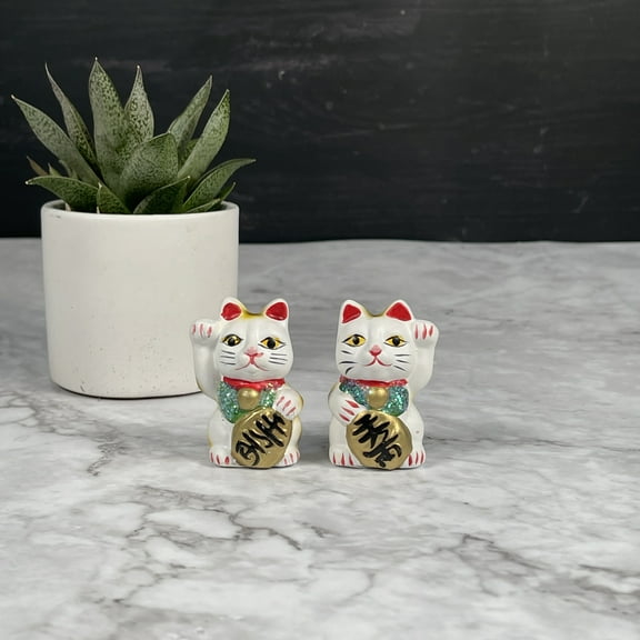 2 pcs Good fortune Ceramic Lucky Money Cat Figure Set- White, Home Office Decoration