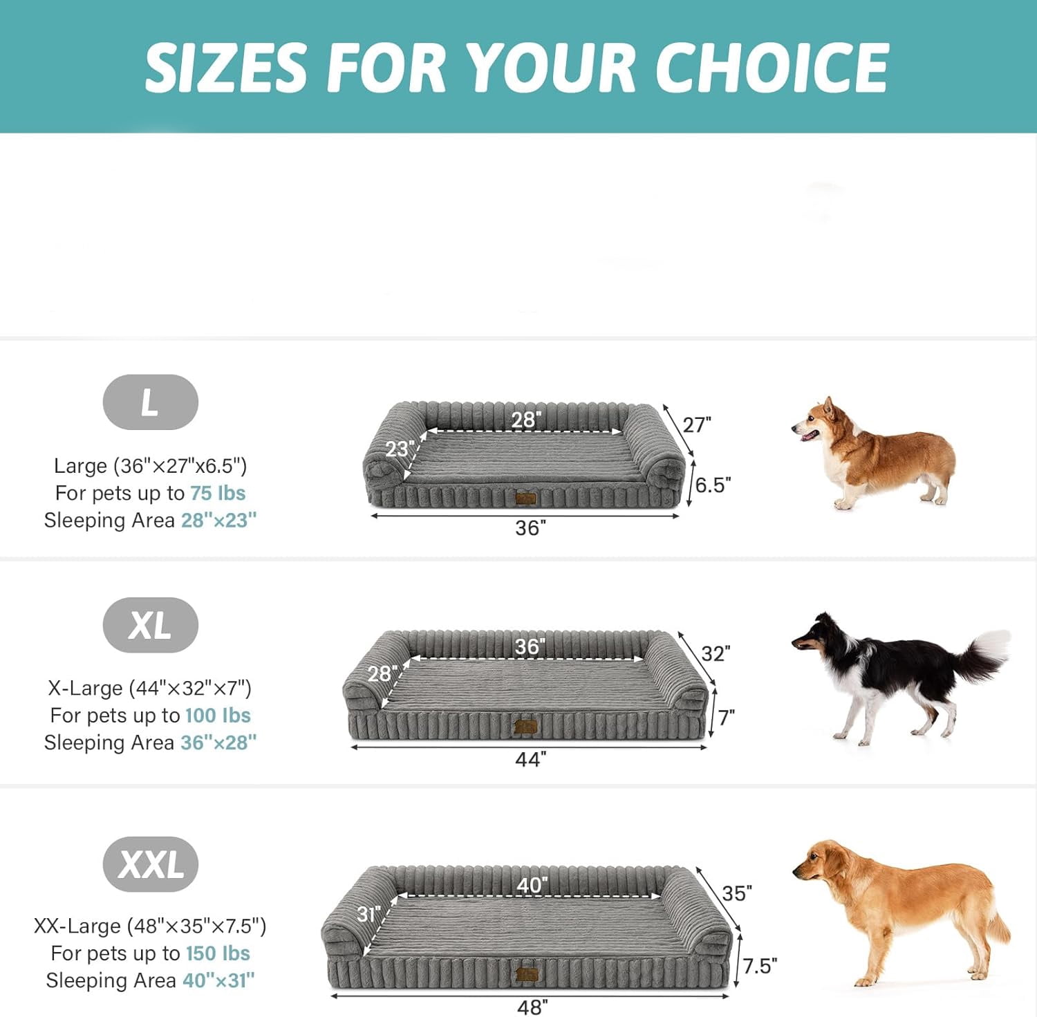 Katieovy Orthopedic Dog Beds for Large Dog,42 inch Removable Washable Dog Beds with Sides,Non-Slip Bottom Memory Foam Large Pet beds,Dark Gray