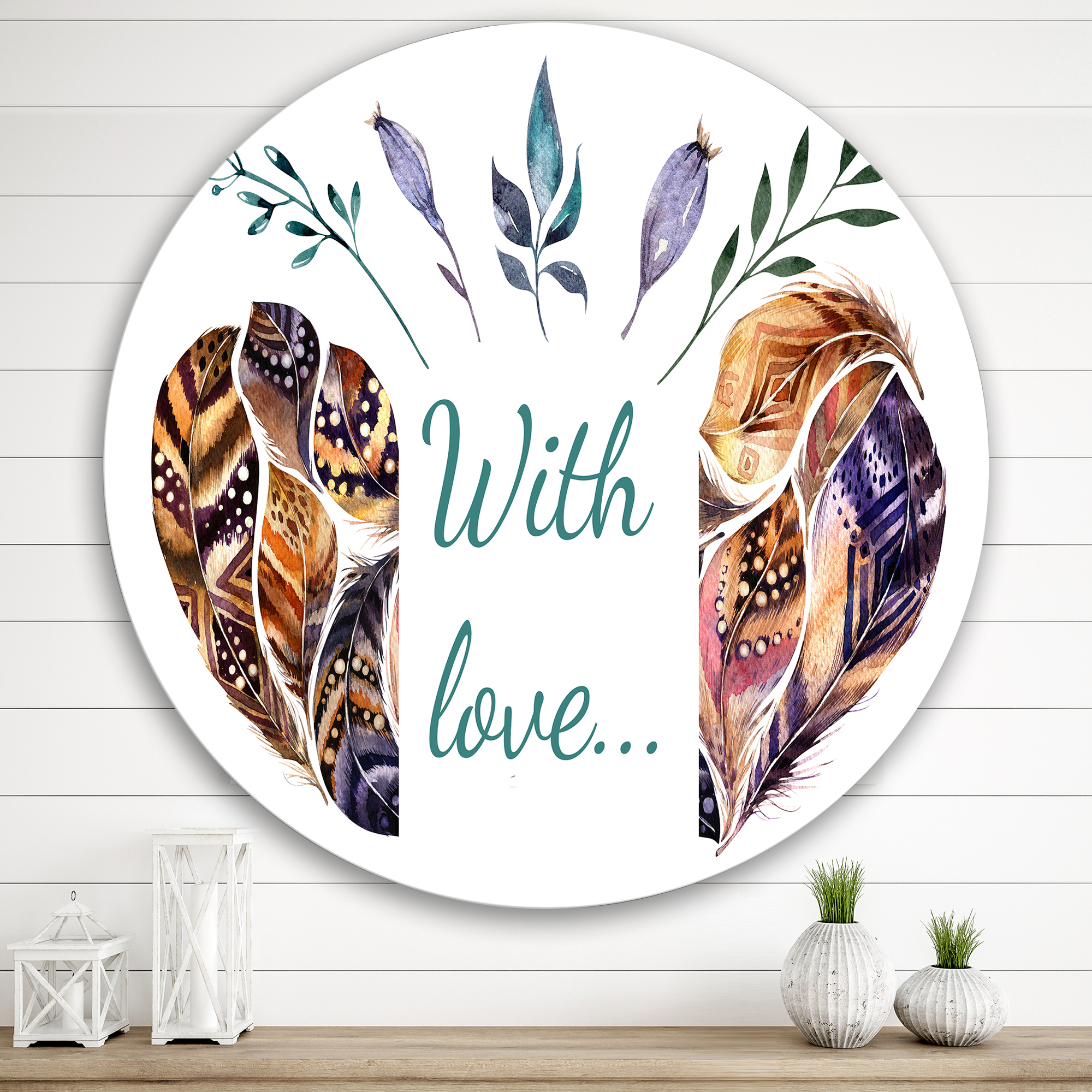 Designart 'Hearted Shaped Feathers With Love' Traditional Circle Metal Wall Art 36x36 - Disc of 36