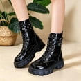 thumbnail image 2 of PFWOWB Women's Patent Platform Combat Boots with Lace Up Front, Studded Buckle Straps and Chunky Lug Sole (Black,9.5), 2 of 5