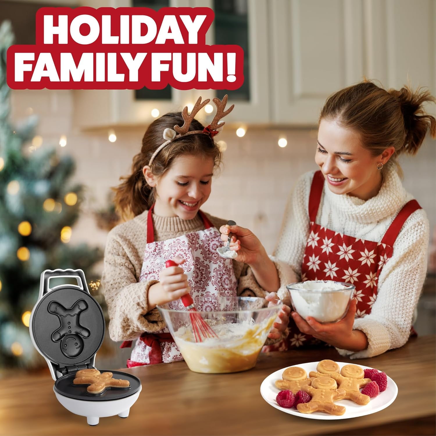 Gingerbread Man Mini Waffle Maker- Make this Christmas Special for Kids w Festive 4" Waffler Iron, Electric Nonstick Breakfast Appliance for Xmas Holiday Season, Fun Gift or Dessert, Stocking Stuffer