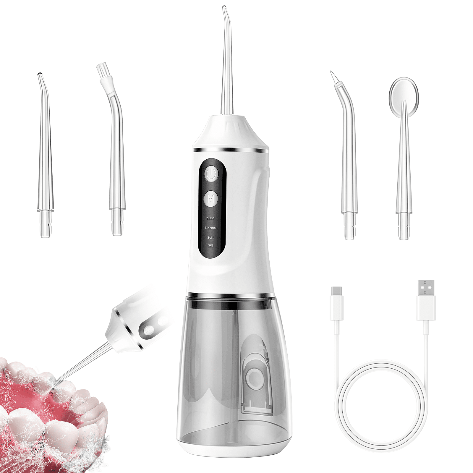 Water Flosser –Welan 300ML Oral Irrigator for Teeth & Braces, IPX7 Waterproof, Rechargeable Dental Cleaner with 5 Nozzles, White