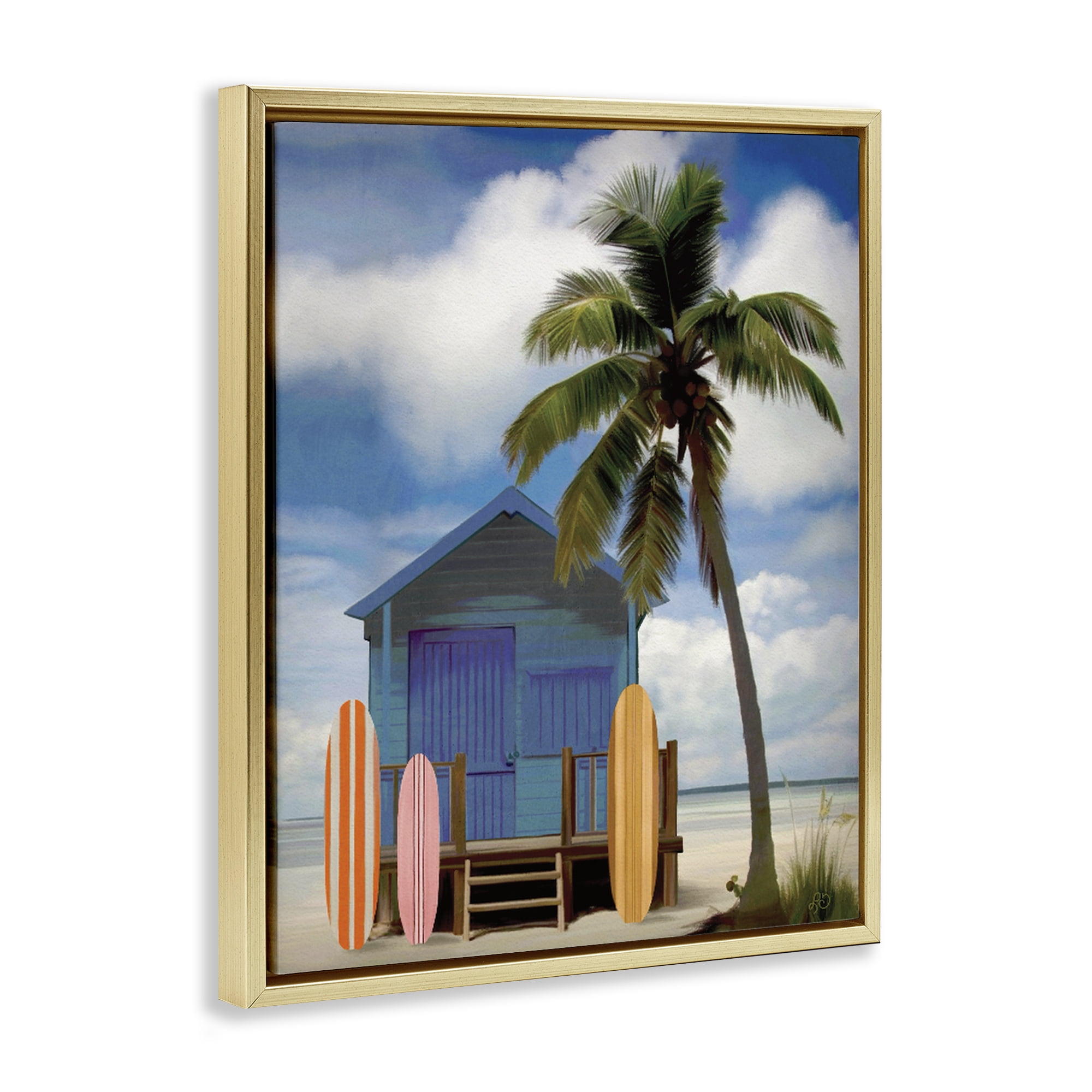 Stupell Industries Palm Overhanging Surf Shop Gold Framed Floater Canvas Wall Art, design by Lisa R Dumm