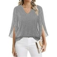 thumbnail image 6 of Nfurl Sparkly Mesh Tops for Women Elegant Ruffle Slit 3/4 Sleeve Party Blouses Dressy V Neck Shiny Glitter Tops Trendy Evening Party Club Clothes Silver XXXXL, 6 of 7