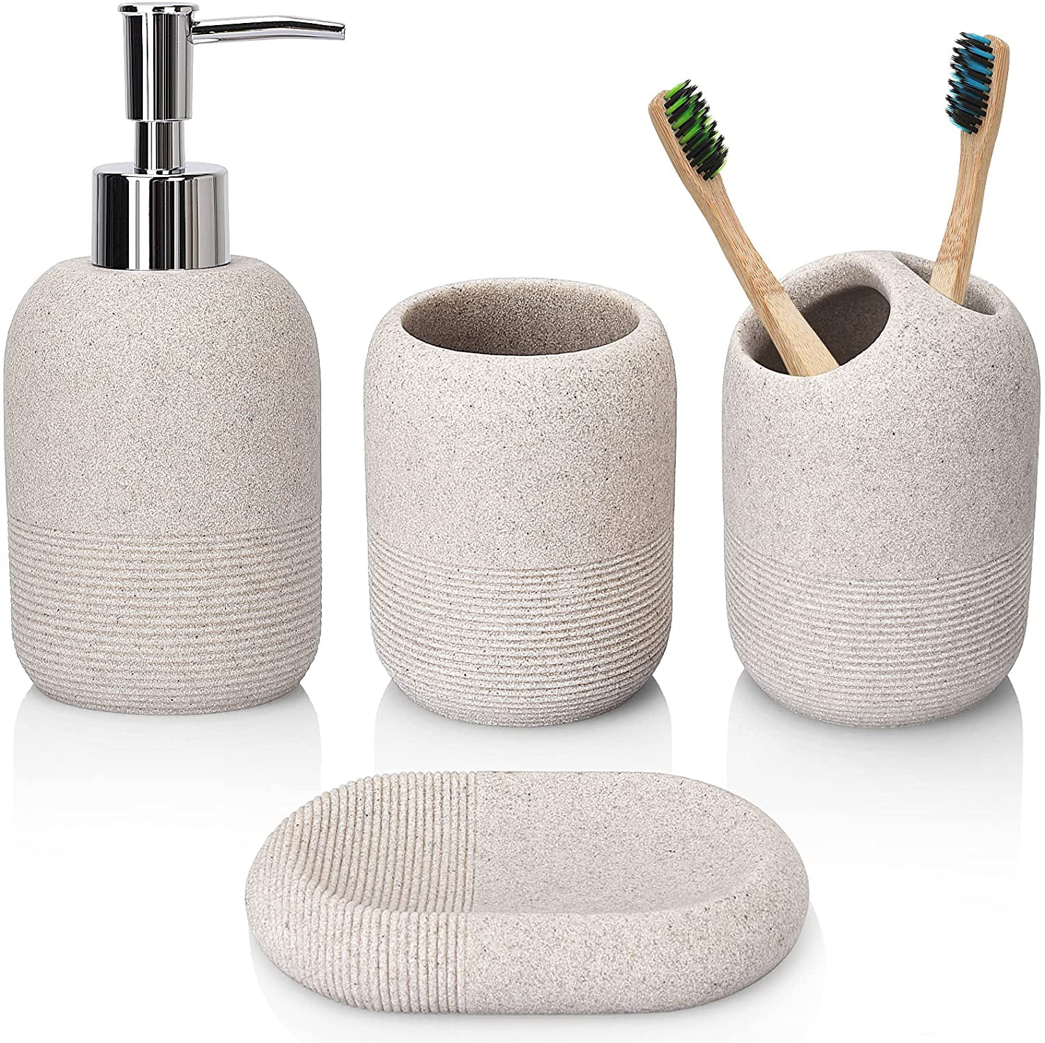 Set 4 Piece Ceramic Bathroom Accessories Grey Toilet Brush Soap Dispenser Holder 