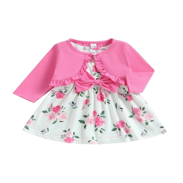 Tenue 2 Pcs pour Bébé Fille, Sans Manches, Col Ras du Cou, Robe Débardeur à Imprimé de Fleurs avec Nœud et Veste, Tenue d'Automne
