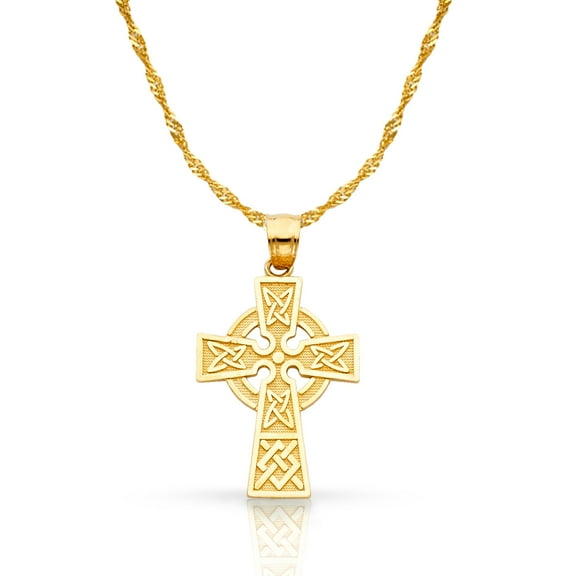 14K Yellow Gold Celtic Cross Pendant with 1.2mm Singapore Chain Chain Necklace